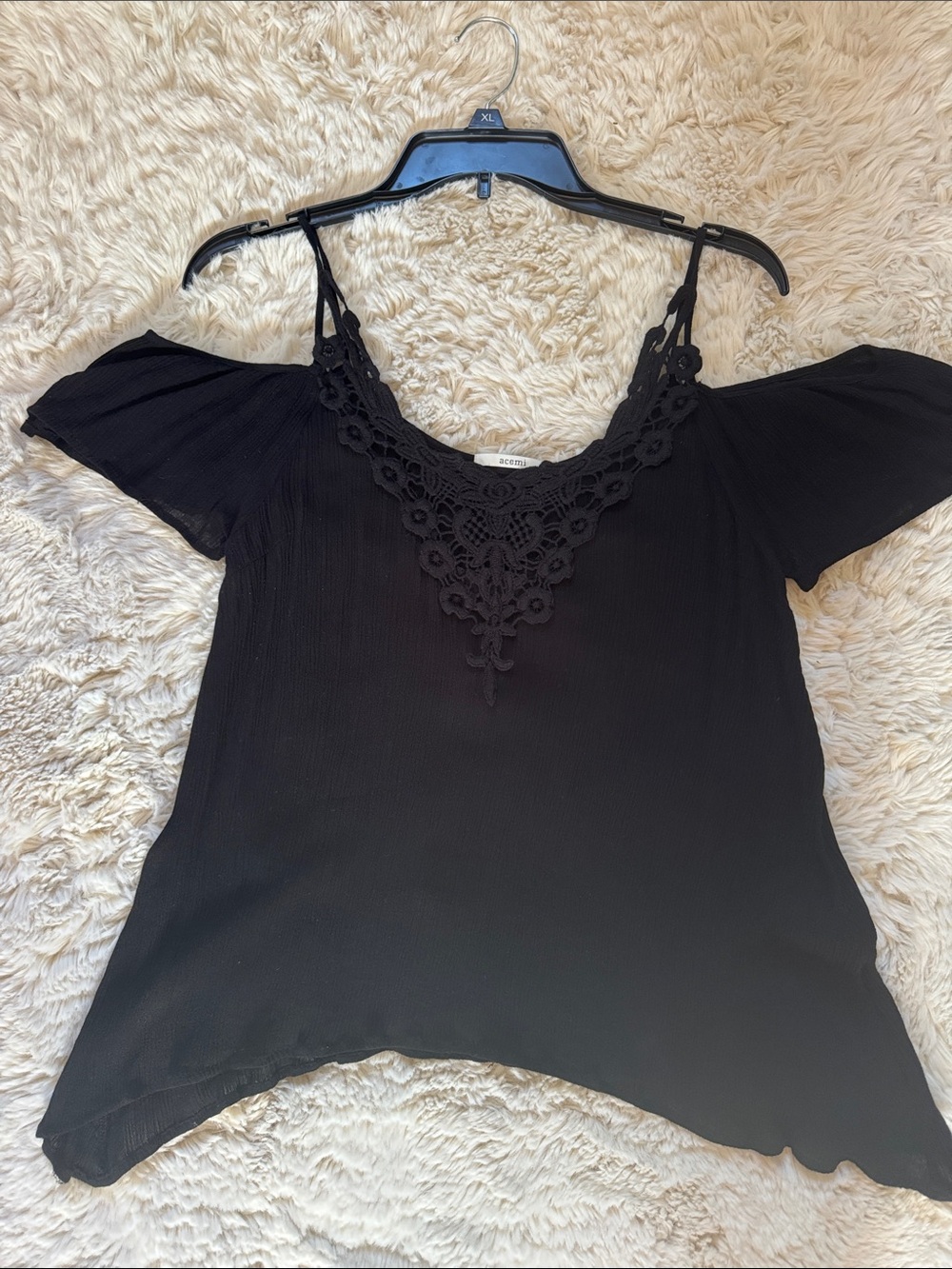 Acemi Black Cold-Shoulder Asymmetrical Top with Crochet Yoke